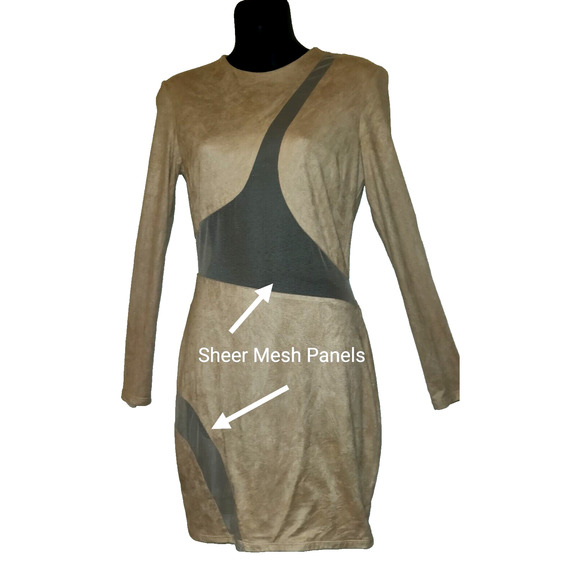 Va Va Voom Dress BODYCON Beige See-thru Mesh Panels Faux Suede Vintage Y2K M - Picture 13 of 15